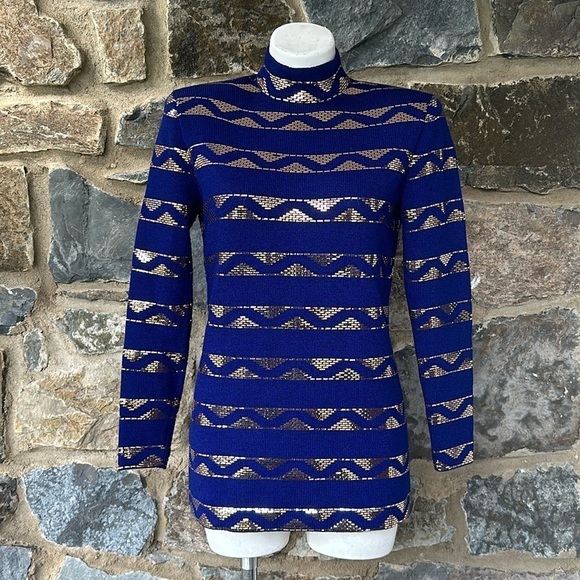 St. John Evening By Marie Gray Knit Mock Neck Sweater in Royal Blue/Gold Size 6 - Picture 1 of 8